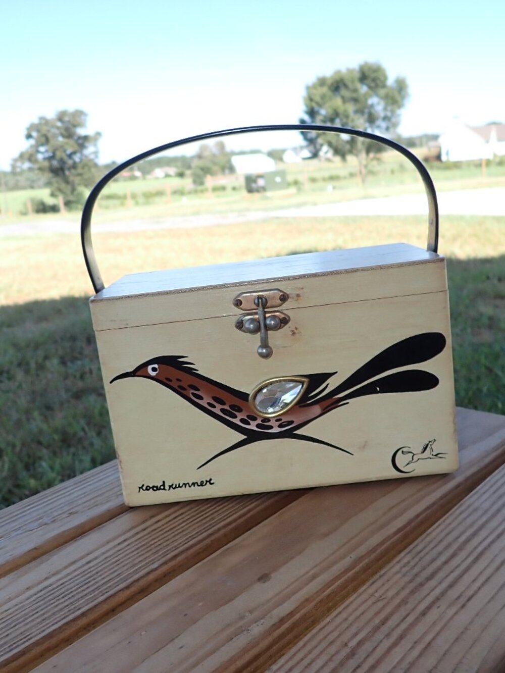 Vintage 1970s Collins of Texas Roadrunner Wooden Box Purse Bag
